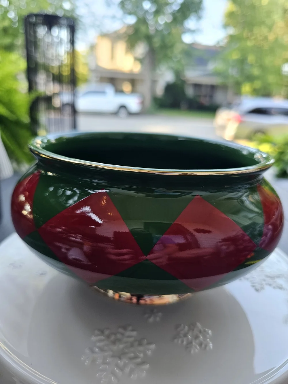 Vintage Teleflora Holiday Harlequin Bowl Red Green Gold Trim Planter
